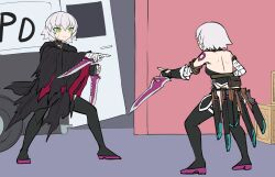  2girls absurdres backless_shirt bandaged_arm bandages cloak commentary_request crate dagger fate/apocrypha fate/grand_order fate/strange_fake fate_(series) fingerless_gloves gloves green_eyes highres holding holding_dagger holding_knife holding_weapon jack_the_ripper_(fate/apocrypha) jack_the_ripper_(fate/strange_fake) jack_the_ripper_(first_ascension)_(fate) knife marvel meme motor_vehicle multiple_girls nubebenbe pointing pointing_at_another pointing_spider-man_(meme) police_van scar scar_across_eye scar_on_face single_glove spider-man_(series) thigh-highs torn_cloak torn_clothes van weapon white_hair 