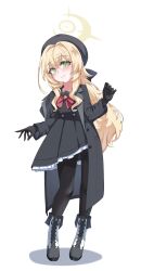  1girl absurdres black_coat black_gloves black_hat black_pantyhose blonde_hair blue_archive breasts coat dosu_des full_body gloves green_eyes halo hat highres long_hair pantyhose professor_niyaniya_(blue_archive) simple_background small_breasts solo standing white_background 