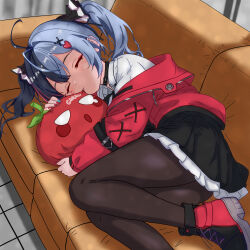  absurdres black_hair black_pantyhose black_skirt blue_nails closed_eyes closed_mouth commentary_request couch hair_ornament heart heart_hair_ornament highres jacket kizukamiyaa lacrimosa_(nte) long_hair lying multicolored_hair multicolored_nails nail_polish neverness_to_everness on_couch on_side pantyhose red_jacket red_nails red_shoes shoes skirt sleeping split-color_hair twintails two-tone_hair white_hair x_hair_ornament 
