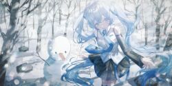 1girl absurdres black_skirt black_sleeves blue_eyes blue_hair blue_necktie blue_trim blurry blurry_background bokeh collared_shirt commentary cowboy_shot crossed_bangs depth_of_field detached_sleeves floating_hair hair_between_eyes hair_ornament hatsune_miku highres long_hair long_sleeves looking_at_viewer necktie number_tattoo outdoors pleated_skirt shirt shoulder_tattoo sidelocks skirt sleeveless sleeveless_shirt smile snow snowflake_print snowing snowman solo tattoo tie_clip tree twintails untranslatable_commentary untucked_shirt v very_long_hair vocaloid white_shirt wing_collar wiriss_fjl yuki_miku yuki_miku_(2010) 