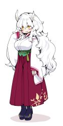  1girl absurdres black_boots boots breasts double-parted_bangs fluffy_hair frfr full_body hair_between_eyes hakama hakama_skirt highres horns japanese_clothes jitome large_breasts long_hair miko oni open_mouth original pink_nails platform_boots pleated_skirt red_skirt ribbon-trimmed_sleeves ribbon_trim simple_background skirt sleeves_past_wrists smile solo sweatdrop white_background white_hair white_horns yellow_eyes 
