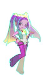  1girl :d aqua_eyeshadow aqua_jacket aqua_streaks aria_blaze aria_blaze_(human) backlighting bare_arms bare_shoulders belt black_belt black_choker block_heels blue_outline blunt_ends boots bracelet breasts choker colored_skin covered_nipples cropped_jacket curtained_hair deformed equestria_girls:_rainbow_rocks eyes_visible_through_hair eyeshadow forehead full_body gem hand_on_own_hip hand_up high_heel_boots high_heels jacket jewelry knee_boots knees_together_feet_apart lower_eyelashes_only makeup multicolored_hair multiple_belts multiple_bracelets my_little_pony my_little_pony:_equestria_girls my_little_pony:_friendship_is_magic no_nose open_clothes open_jacket open_mouth outline overlighting pants pendant_choker pink_pants pink_skin platform_boots platform_heels purple_boots purple_eyeshadow purple_hair red_gem shirt sidelocks simple_background sleeveless sleeveless_jacket small_breasts smile solo standing standing_on_one_leg star_(symbol) streaked_hair tsurime twintails v-shaped_eyebrows violet_eyes white_background white_shirt yushokupan 