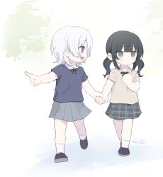  2girls aged_down artist_name black_hair black_shoes blue_shirt child commentary_request grey_hair holding_hands kotetsu_080 kurobe_nanoka kurobe_nanoka's_sister looking_at_another mahou_shoujo_no_majo_saiban multiple_girls plaid_clothes plaid_skirt shirt shoes short_hair simple_background skirt spoilers violet_eyes white_hair yellow_shirt 