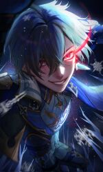  1boy blue_cape blue_hair boots cape coat collared_shirt commentary crazy_smile english_commentary genshin_impact grin highres lohen_(genshin_impact) looking_at_viewer male_focus multicolored_eyes pants parted_bangs parted_hair red_eyes shirt smile snifflesmp4 solo twitter_username white_pants wing_collar 