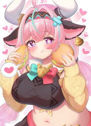  1girl absurdres ahoge animal_ears bell bow bowtie breasts burger closed_mouth cow_ears cowbell crumbs eating food genshin_impact hair_between_eyes hairband heart highres holding holding_food holding_sandwich horns huge_breasts long_sleeves looking_at_viewer midriff navel pink_hair sandwich sandwiched simple_background solo star-shaped_pupils star_(symbol) symbol-shaped_pupils varesa_(genshin_impact) violet_eyes white_horns yuyuchi2472 
