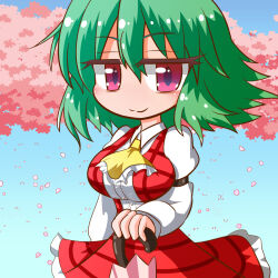  1girl ascot bags_under_eyes breasts buttons center_frills cherry_blossoms closed_mouth collared_shirt commentary_request cowboy_shot day deformed falling_petals frilled_ascot frilled_skirt frills green_hair hair_between_eyes highres holding holding_umbrella jitome kajiya_no_masa kazami_yuuka large_breasts long_sleeves looking_at_viewer medium_hair no_nose one-hour_drawing_challenge open_clothes open_vest outdoors petals pink_petals plaid_clothes plaid_skirt plaid_vest red_eyes red_skirt red_vest shirt skirt skirt_set sleeve_garter smile solo split_mouth standing touhou umbrella vest white_shirt yellow_ascot 