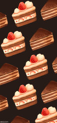  absurdres artist_name black_background cake cake_slice chocolate commentary_request cream food food_focus fruit highres no_humans original powdered_sugar rizu_(rizunm) simple_background still_life strawberry 