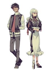  1boy 1girl alternate_costume angra_mainyu_(fate) bandaged_foot bandaged_leg bandaged_wrist bandages black_hair black_pants caren_hortensia closed_eyes commentary_request dark-skinned_male dark_skin dress fate/hollow_ataraxia fate_(series) frilled_dress frills full-body_tattoo full_body hair_behind_ear hands_in_pockets hem_peeking_out high-waist_skirt highres hobble_dress jacket lace_shirt letterman_jacket long_dress noko_morokoshi own_hands_together pants parted_bangs shirt short_hair simple_background skirt standing tattoo wavy_hair white_background white_hair white_shirt white_skirt yellow_eyes 