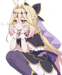  1girl absurdres antenna_hair astroglia_cyte black_capelet black_thighhighs blonde_hair blush braid capelet closed_mouth commentary_request cure_arcana_shadow gradient_hair hair_between_eyes highres long_hair magical_girl meitantei_precure! moria_luluka multicolored_hair pink_hair precure simple_background solo squatting thigh-highs violet_eyes white_background 