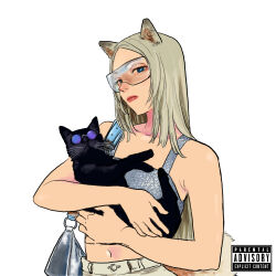  1girl animal animal_ears bag black_cat blonde_hair blue_eyes cat commentary_request dog_ears dog_girl dog_tail eyewear_on_animal grey_bag highres holding holding_animal holding_cat ken_sogen kmnz lita_(kmnz) long_hair looking_at_viewer midriff_peek navel parental_advisory purple-tinted_eyewear round_eyewear shoulder_bag simple_background solo sunglasses tail tinted_eyewear upper_body virtual_youtuber white_background 