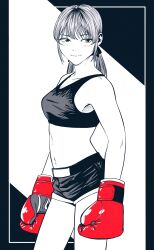  1girl boxing_gloves breasts commentary_request cowboy_shot gloves greyscale highres lee_(dragon_garou) low_twintails medium_breasts monochrome navel original red_gloves short_shorts shorts smile solo sports_bra spot_color twintails 