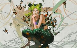  arm_tattoo blue_eyes bug butterfly butterfly_tattoo chinese_commentary commentary_request crop_top double_bun fingernails green_hair green_lips green_nails green_pants hair_bun halterneck hand_on_own_chin head_rest highres jojo_no_kimyou_na_bouken kujo_jolyne looking_at_viewer multicolored_hair muyihui pants squatting stone_ocean tattoo two-tone_hair wristband 