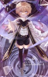 1boy absurdres bishounen black_shorts blonde_hair blue_eyes brown_shoes cape child cloak glass_shards highres long_sleeves male_focus original parted_lips reisuimizu shirt shoes shorts solo teeth twitter_username white_cape white_shirt yellow_eyes 
