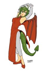  1girl armpits arms_up china_dress chinese_clothes commentary dated draco_centauros dragon_girl dragon_horns dragon_tail dragon_wings dress elbow_gloves fang full_body gloves green_hair happy_birthday horns looking_back mm1599699480328 open_mouth pants pelvic_curtain puyopuyo red_dress red_shoes red_wings shoes short_hair side_slit simple_background sleeveless sleeveless_dress solo standing stretching tail untranslatable_commentary white_background white_gloves white_pants wings yellow_eyes 