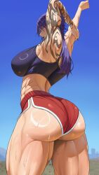  1girl abs absurdres armpits arms_up ass bare_shoulders breasts cowboy_shot dolphin_shorts from_behind from_below highres large_breasts muscular muscular_female original purple_hair purple_lips purple_tank_top rasipan red_shorts shorts shoulder_tattoo stretching sweat tank_top tattoo thick_thighs thighs violet_eyes 