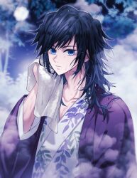  1boy black_hair blue_eyes closed_mouth commentary_request duyu_u_u hand_up haori highres holding holding_towel japanese_clothes kimetsu_no_yaiba kimono long_hair looking_at_viewer low_ponytail male_focus ponytail print_kimono purple_haori solo spiky_hair steam tomioka_giyuu towel upper_body wet 