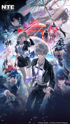  2boys 6+girls absurdres animal_ears aqua_hair black-framed_eyewear black_bodysuit black_gloves black_hair black_halo black_hat black_jacket black_thighhighs blonde_hair blue_hair bodysuit breasts cardigan cat_ears cat_girl character_request chiz_(nte) choker clothing_cutout commentary company_name copyright_name copyright_notice daffodill_(nte) dragon_girl dragon_horns dragon_tail dress english_commentary exe_(nte) eyewear_on_head female_esper_zero_(nte) finger_to_mouth glasses gloves grey_eyes hair_ornament hair_over_one_eye halo hat heart heart_hair_ornament highres holding holding_umbrella horns hotori_(nte) jacket jiuyuan_(nte) lacrimosa_(nte) long_hair looking_at_viewer male_esper_zero_(nte) mint_(nte) multicolored_hair multicolored_halo multicolored_horns multiple_boys multiple_girls nanally_(nte) necktie neverness_to_everness nitsa_(nte) nurse_dress official_art pants phone_booth pink_dress pink_eyes pink_hair pink_nails pink_streaks pointy_ears purple_horns purple_necktie rain red_cardigan red_eyes red_hair red_jacket red_shirt round_eyewear shinku_(nte) shirt short_hair shushing skirt split-color_hair streaked_hair tail thigh-highs twintails two-tone_hair umbrella underboob_cutout violet_eyes wet wet_clothes wet_shirt white_hair white_halo white_pants 
