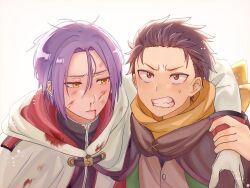  2boys arm_around_shoulder black_cloak black_hair black_shirt blood blood_on_clothes blood_on_face brown_hair clenched_teeth cloak commentary_request gloves hair_between_eyes hair_slicked_back highres hood hooded_cloak julius_juukulius male_focus multiple_boys natsuki_subaru omotiyarou_214 parted_lips portrait purple_hair re:zero_kara_hajimeru_isekai_seikatsu scratches shirt short_hair shoulder_support simple_background small_sweatdrop teeth v-shaped_eyebrows white_background white_cloak white_gloves yellow_eyes 