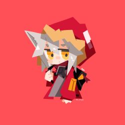  1girl :| absurdres animal_ears arknights backpack bag black_bag blush chibi closed_mouth fur-trimmed_hood fur_trim grey_hair grey_shirt highres hood hood_up hooded_jacket jacket jitome long_sleeves looking_at_viewer nuu_(nu-nyu) open_clothes open_jacket projekt_red_(arknights) red_eyes red_jacket shirt short_hair simple_background solo upper_body wolf_ears wolf_girl yellow_eyes 