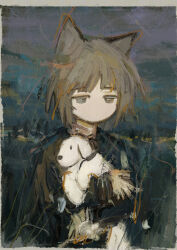  1girl absurdres animal black_jacket brown_eyes brown_hair ciel_(paradis47) closed_mouth clouds cloudy_sky commentary dog grass highres holding holding_animal jacket looking_at_viewer no_nose original outdoors parted_bangs scenery short_hair sky standing tree upper_body 