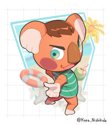  1girl animal_crossing animal_ears artist_name beach blush_stickers brown_hair canberra_(animal_crossing) coconut drinking_straw furry furry_male green_eyes green_shirt hand_on_own_hip highres kopa_nishikida looking_at_viewer male_focus open_mouth palm_tree pointing shirt sleeveless smile solo striped_clothes striped_shirt swim_ring tree twitter_username 