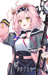  1girl absurdres animal_ears arknights arm_up black_choker black_hairband black_skirt blue_bow bow braid breasts cat_ears cat_girl choker commentary_request facing_viewer from_above goldenglow_(arknights) grey_jacket hair_bow hairband hand_up highres holding holding_staff jacket lightning_bolt_print long_hair long_sleeves multicolored_jacket object_in_pocket open_clothes open_jacket open_mouth pink_hair pocket print_hairband scissors shirt simple_background skirt solo staff teeth two-tone_jacket upper_body upper_teeth_only white_background white_shirt y91210666 yellow_eyes 