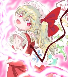  1girl blonde_hair collared_shirt commentary_request crystal crystal_wings fang flandre_scarlet hat hat_ribbon highres long_hair looking_at_viewer mob_cap multicolored_wings one_side_up open_mouth pointy_ears red_eyes red_skirt red_vest ribbon s-a-murai shirt skirt skirt_set smile solo touhou vest white_hat white_shirt wings 