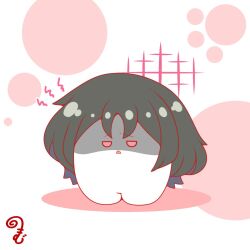  black_hair blue_archive blue_hair blush chibi colored_shadow halo highres kurukurumagical misaki_(blue_archive) multicolored_hair parted_lips shaded_face shadow solo standing two-tone_hair white_background 