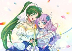  2girls :d alternate_costume arm_around_another's_waist blue_eyes blue_flower blue_rose breasts bride commentary_request cosplay dress earrings elbow_gloves falling_petals fire_emblem fire_emblem:_the_blazing_blade fire_emblem_heroes florina_(fire_emblem) flower gloves green_eyes green_hair hair_flower hair_ornament jewelry large_breasts long_hair lyn_(bride_of_the_plains)_(fire_emblem) lyn_(fire_emblem) lyn_(fire_emblem)_(cosplay) multiple_girls official_alternate_costume open_mouth petals ponytail purple_hair rose small_breasts smile sorakaza twitter_username upper_body very_long_hair white_dress white_gloves wife_and_wife yuri 