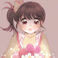  1girl :o alternate_costume birthday blush bow commentary_request hair_bow heart kimetsu_no_yaiba looking_at_viewer open_mouth pink_background pink_bow shirt side_ponytail simple_background solo surprised taruto_(t_a2814) tsuyuri_kanao violet_eyes yellow_shirt 