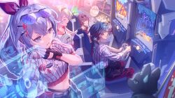  1boy 3girls absurdres animalization arcade_cabinet bandaged_arm bandages black_gloves blade_(honkai:_star_rail) closed_eyes commentary_request dan_heng_(honkai:_star_rail) dan_heng_(woof_woof_dan)_(honkai:_star_rail) dog eyewear_on_head fingerless_gloves firefly_(honkai:_star_rail) gloves grey_eyes grey_hair guest_art hair_between_eyes hairband highres holographic_interface honkai:_star_rail honkai_(series) kafka_(honkai:_star_rail) long_sleeves midriff multiple_girls navel notice_lines open_mouth purple_hair raccoon silver_wolf_(honkai:_star_rail) sitting sparkle steering_wheel stellaron_hunters_(honkai:_star_rail) sunglasses trailblazer_(baseball_raccoon)_(honkai:_star_rail) trailblazer_(honkai:_star_rail) violet_eyes zassyoku_dd 