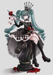  1girl aqua_eyes aqua_hair bare_shoulders bell_sleeves black_boots black_collar black_crown black_dress boots braid checkered_clothes checkered_dress chess_piece closed_mouth collar commentary crown crown_braid dress fishnets flower flower-shaped_hair frilled_dress frilled_sleeves frills glint gothic_&amp;_horror_hatsune_miku_design_contest grey_background hatsune_miku highres holding holding_sword holding_weapon juliet_sleeves knee_boots knight_(chess) lace-up_boots long_hair long_sleeves looking_at_viewer low_drills off-shoulder_dress off_shoulder oversized_object petals platform_boots puffy_sleeves red_flower red_nails red_rose rose rose_petals see-through_clothes see-through_skirt_layer sitting sitting_on_object solo sugishita_sai sword thorns twintails vocaloid weapon 