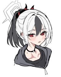 1girl black_choker black_hair black_horns blue_archive choker collarbone commentary_request cropped_shoulders demon_horns double-parted_bangs ear_piercing hair_between_eyes halo hayami_kaname highres horns kayoko_(blue_archive) looking_at_viewer mole mole_on_neck parted_lips piercing ponytail red_eyes simple_background sketch solo white_background white_hair 