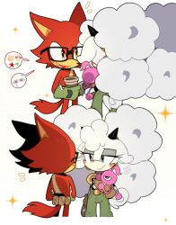  1boy 1girl 2boys absurdres afro animal_ears artist_name avatar_(sonic_forces) belt big_hair black-framed_eyewear blue_eyes blush blush_stickers brown_belt brown_gloves cat_ears closed_eyes closed_mouth coffee commentary cup curly_hair disposable_cup eye_contact eyeshadow furry furry_female furry_male gadget_the_wolf glasses gloves green_gloves green_pants highres holding holding_cup holding_stuffed_toy horns jewelry long_hair looking_at_another makeup multiple_boys notice_lines open_mouth overalls pants pocket pouch r_1807 red_fur shirt simple_background smile sonic_(series) sonic_forces sonic_the_hedgehog_(idw) sparkle speech_bubble standing stuffed_animal stuffed_toy tail very_long_hair white_background white_hair wolf_ears wolf_tail yellow_eyes yellow_gloves 