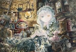  1girl absurdly_detailed_composition blue_eyes braid clock cup daruma_doll expressionless grandfather_clock hairband heterochromia highres holding holding_cup indoors jar kokeshi lantern loaded_interior lolita_hairband long_hair looking_at_viewer megumi_(mg3) original solo traditional_media twin_braids upper_body white_hair yellow_eyes 