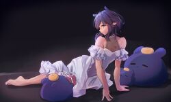  1girl alternate_costume bare_shoulders barefoot breasts closed_mouth dress elf elun_(elun_00) feet full_body highres hololive hololive_english looking_at_viewer medium_hair ninomae_ina'nis pointy_ears purple_hair small_breasts takodachi_(ninomae_ina'nis) tentacle_hair toenails toes violet_eyes white_dress 