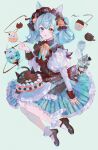  1girl animal_ears bangs bell black_footwear blue_dress blue_eyes blue_hair blush bow bowtie bracelet brown_shirt cake cat_ears cat_girl cat_tail chocolate commission cup cupcake dessert dress english_text floating food frilled_dress frilled_footwear frilled_hairband frilled_shirt frilled_sleeves frills green_background hairband heterochromia highres holding holding_spoon ice_cream jamu_(yakinikuoi4) jewelry looking_at_viewer mary_janes medium_hair orange_bow orange_bowtie orange_eyes original parted_lips shirt shoes socks solo spoon striped striped_dress tail twintails two-tone_dress white_dress white_socks 