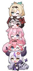  5girls absurdres anger_vein animal_ears blonde_hair blue_eyes chibi chibi_only demon_horns fang green_eyes grey_hair hakui_koyori head_wings heavy highres hololive horns human_stacking kazama_iroha kiwipodo la+_darknesss looking_at_viewer multiple_girls open_mouth pink_hair pointy_ears red_eyes sakamata_chloe sidelocks simple_background skin_fang smile tail takane_lui trembling virtual_youtuber white_background white_hair wings wolf_ears wolf_girl wolf_tail yellow_eyes 