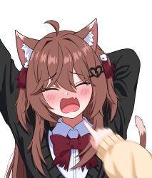  2girls absurdres ahoge animal_ear_fluff animal_ears arm_above_head arm_behind_head black_cardigan blush bow bowtie brown_hair cardigan cat_ears cat_tail closed_eyes collared_shirt english_commentary evil_neuro-sama evil_neuro-sama_(1st_costume) fang hair_intakes hair_ornament hair_ribbon highres hororin long_hair motion_blur multiple_girls neuro-sama neuro-sama_(1st_costume) open_mouth out_of_frame pointing pointing_at_another pov pov_hands raised_inner_eyebrows red_bow red_bowtie red_ribbon ribbon shirt simple_background skin_fang skull_hair_ornament sleeves_past_wrists solo tail tearing_up torn_bowtie torn_hair_ribbon two_side_up vedal_ai virtual_youtuber white_background white_shirt yawning 