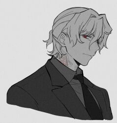  1boy alternate_costume antonio_salieri_(fate) antonio_salieri_(second_ascension)_(fate) closed_mouth collared_shirt commentary_request cropped_shoulders fate/grand_order fate_(series) gmt006 hair_between_eyes hair_intakes half_updo jacket lapels looking_at_viewer male_focus necktie notched_lapels red_eyes scar scar_on_neck shirt simple_background solo spot_color suit upper_body wing_collar 