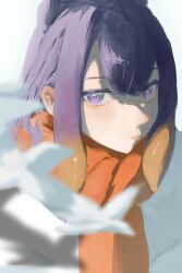  1girl alternate_costume closed_mouth coat commentary english_commentary gradient_hair highres hololive hololive_english long_hair looking_at_viewer multicolored_hair ninomae_ina'nis orange_hair purple_hair red_scarf reenaren scarf simple_background solo tentacle_hair violet_eyes white_background white_coat 