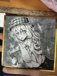  1girl arster asymmetrical_sidelocks book bow chinese_commentary collared_shirt commentary_request cowboy_shot diagonal-striped_clothes diagonal-striped_necktie dutch_angle four-pointed_star greyscale hair_bow hat highres holding holding_book long_hair long_sleeves looking_at_viewer monochrome necktie open_mouth photo_(medium) pointing pointing_at_viewer shikishi shirt shirt_tucked_in sidelocks skirt solo star_(symbol) striped_clothes striped_necktie tie_clip touhou traditional_media usami_renko 
