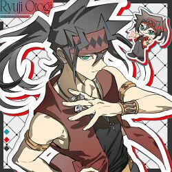  1boy arm_up armlet black_border black_hair black_pants black_shirt black_shoes border bracelet character_name chibi closed_mouth commentary_request dice floating_hair headband highres holding holding_dice jacket jewelry male_focus moemoenomori multiple_views necklace open_clothes open_jacket otogi_ryuuji pants ponytail red_headband red_jacket shirt shirt_tucked_in shoes sleeveless sleeveless_shirt smile upper_body yu-gi-oh! yu-gi-oh!_duel_monsters 