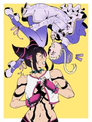  2girls black_hair blonde_hair blush bracelet braid breasts chinese_clothes collar cone_hair_bun dress drill_hair fingerless_gloves gloves hair_bun hair_horns han_juri highres ingrid_(capcom) jewelry looking_at_another multicolored_hair multiple_girls navel officeanomaly pantyhose pink_eyes pink_hair purple_pantyhose red_eyes rotational_symmetry simple_background smile spiked_bracelet spiked_collar spikes street_fighter street_fighter_6 teeth twin_drills two-tone_hair upside-down violet_eyes white_dress yellow_background yuri 