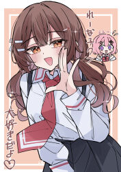 2girls :d @_@ absurdres amaori_renako ashigaya_high_school_uniform black_skirt blush bob_cut bow bowtie breasts brown_hair center-flap_bangs chibi chibi_inset collared_shirt commentary_request dot_nose double-parted_bangs floating_neckwear flying_sweatdrops hair_ornament hairclip hand_up heart highres long_hair long_sleeves looking_at_viewer low_twintails medium_breasts melon_kohashi multiple_girls necktie open_mouth orange_background orange_eyes parallel_hairclips pink_hair red_bow red_bowtie red_necktie school_uniform shirt shirt_tucked_in short_sleeves simple_background skirt smile solo_focus sparkle suspender_skirt suspenders talking terusawa_youko translation_request twintails upper_body watashi_ga_koibito_ni_nareru_wake_naijan_murimuri! white_shirt wide-eyed wing_collar x_hair_ornament yuri 
