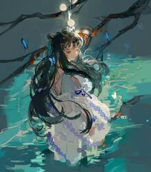  1girl black_hair blue_butterfly branch bug butterfly chinese_commentary commentary_request dress grey_eyes highres long_hair looking_to_the_side muyihui original parted_hair solo turning_head very_long_hair wading water white_dress 