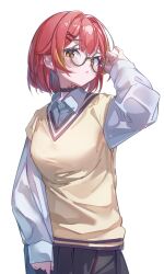  1girl absurdres black_collar black_skirt blush closed_mouth collar collared_shirt commentary_request glasses highres kurumi_tsuchi long_sleeves looking_at_viewer multicolored_hair nekota_tsuna orange_eyes orange_hair red_hair shirt simple_background skirt solo streaked_hair two-tone_hair vest virtual_youtuber vspo! white_background white_shirt yellow_vest 