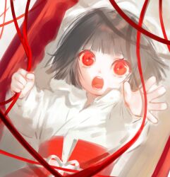  1girl :o aged_down baby black_hair blunt_bangs blunt_ends bob_cut bow clenched_hand close-up collared_shirt cradle crib curious doe_eyes dot_nose eyelashes feet_out_of_frame figure hand_up highres holding japanese_clothes kimono limbus_company long_sleeves looking_at_object looking_up obijime open_hand open_mouth project_moon reaching red_eyes red_ribbon red_skirt ribbon ryoshu_(project_moon) shaguo_jiangyou_(liangxiu_meng_nu_shen_guan) shirt short_hair skirt small_hands solo solo_focus string string_of_fate surprised teeth upper_body very_big_eyes white_bow white_ribbon white_shirt 