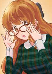  1girl :o absurdres adjusting_eyewear bow brown-framed_eyewear brown_eyes brown_hair chankirankachan commentary_request green_shirt hair_bow hands_up highres idolmaster idolmaster_cinderella_girls long_hair looking_at_viewer moroboshi_kirari plaid_clothes plaid_shirt shirt upper_body 