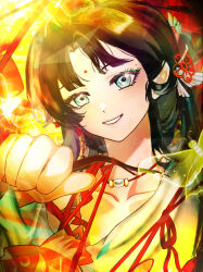 1girl absurdres amei_(user_sjkr4283) animal_lantern black_hair blue_eyes commentary_request facial_mark forehead_mark grin hand_up highres holding holding_lantern lantern long_hair looking_at_viewer mole mole_above_eye paper_heron portrait reverse:1999 shirt smile solo white_shirt yellow_background 